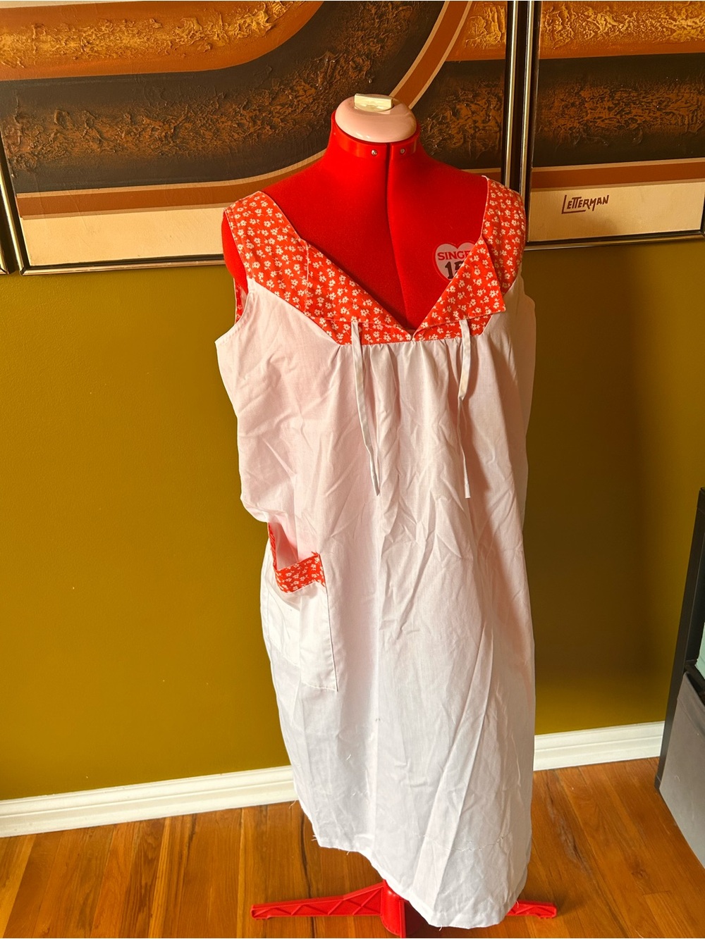 White Sleeveless Nightgown with Red Floral Trim